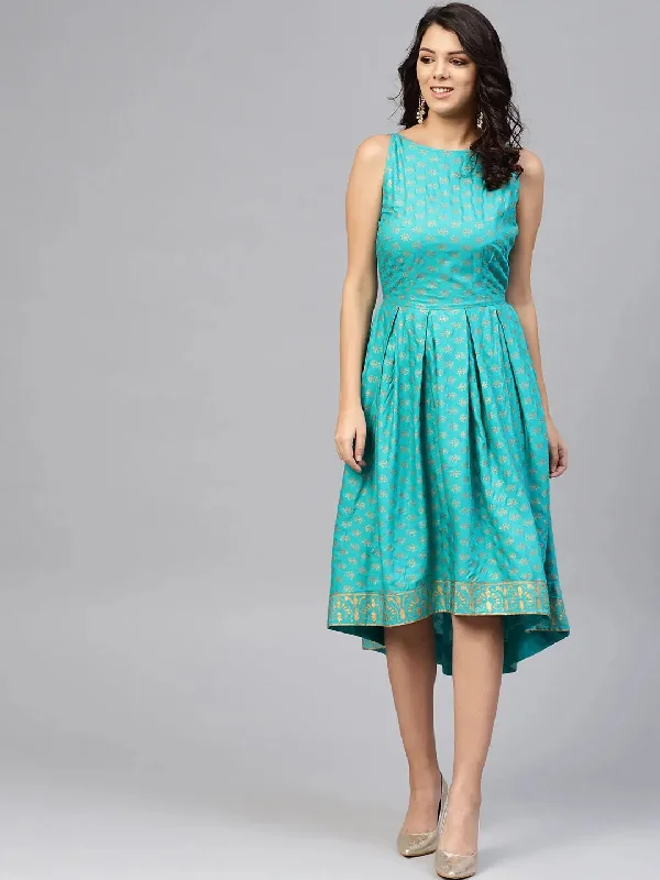 Button-Down DressDeep back box pleated Midi Printed Dress in Mint Blue