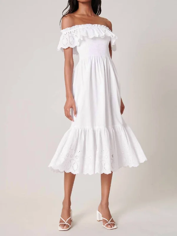 Velvet DressEsmeralda Smocked Eyelet Midi Dress In White