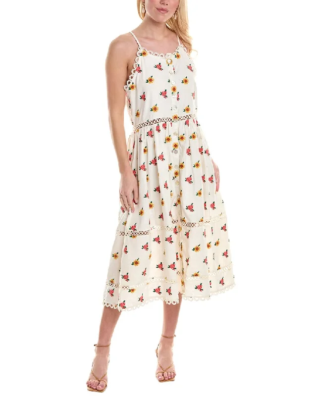 Tea-Length DressFARM Rio Embroidered Linen-Blend Midi Dress