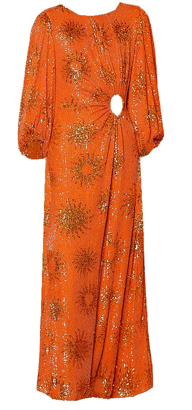 women's stretchy dressesFarm Rio Women Sunny Mood Orange Sequin Long Sleeve Cut Out Midi Dress