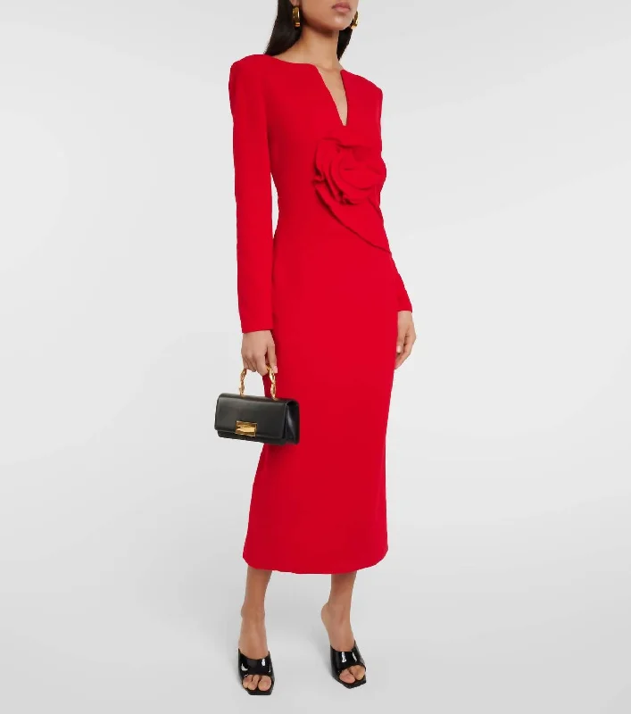 women's fair-trade dressesFloral Appliqué Wool Crepe Midi Dress In Red