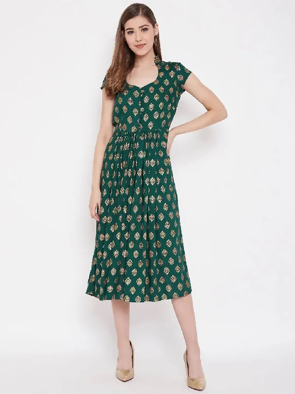 Empire DressMidi Flare Dress with front loops in Bottle Green