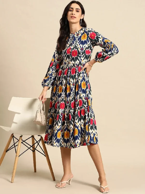 women's apple-shaped body dressesMidi Layered dress with balloon sleeve in Blue and Pink Ikkat Print