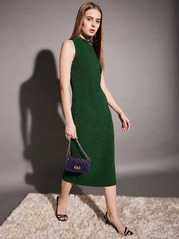 women's A-line dressesSleeveless high neck bodycon midi dress in Green Color