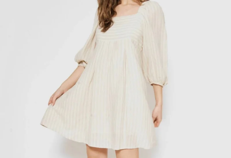 Evening DressSmocked Midi Dress In Striped Oatmeal