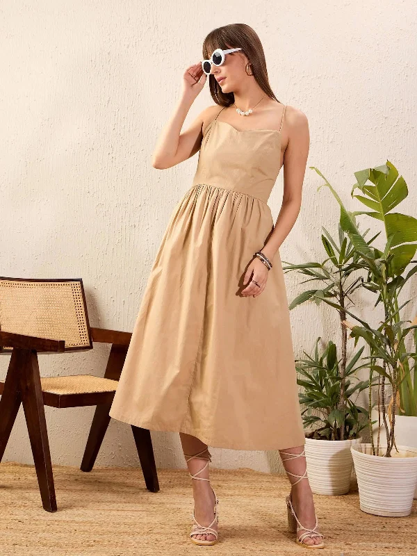 Button-Down DressWomen Beige Strappy Back Tie Midi Dress