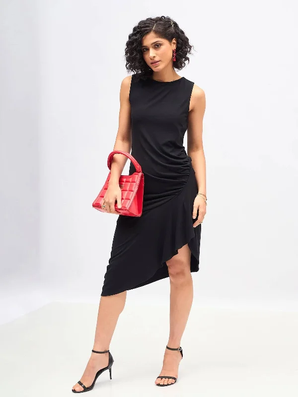 Flutter-Sleeve DressWomen Black Box Back Cascade Ruffle Midi Dress