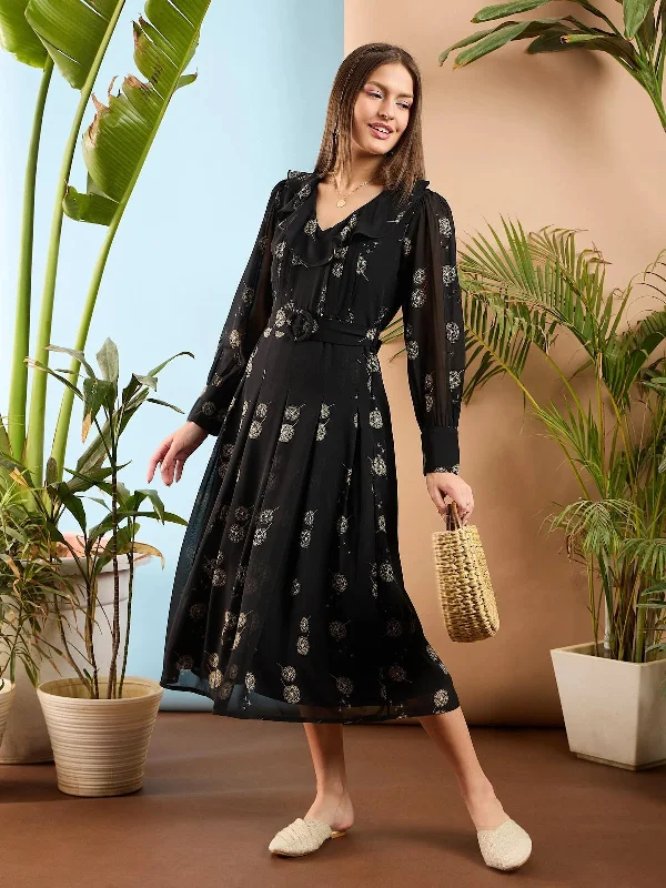 women's bow dressesWomen Black Floral Ruffle Collar Midi Dress