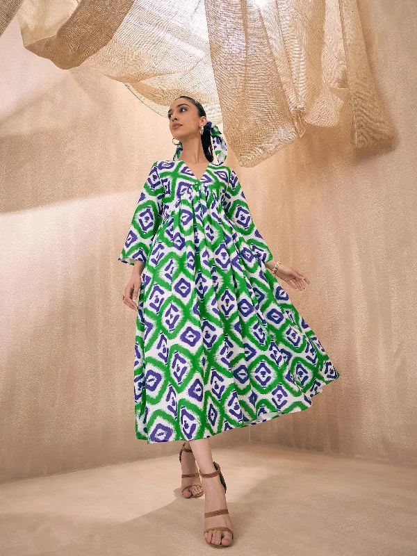 women's stretchy dressesWomen Green & Blue Ikat V-Neck Gathered Midi Dress