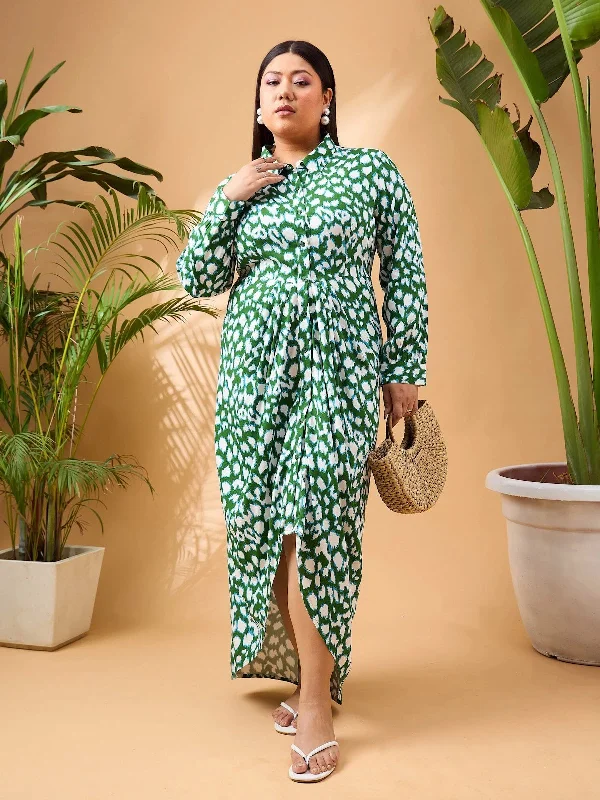 Ribbon DressWomen Green & White Print Button Open Midi Dress