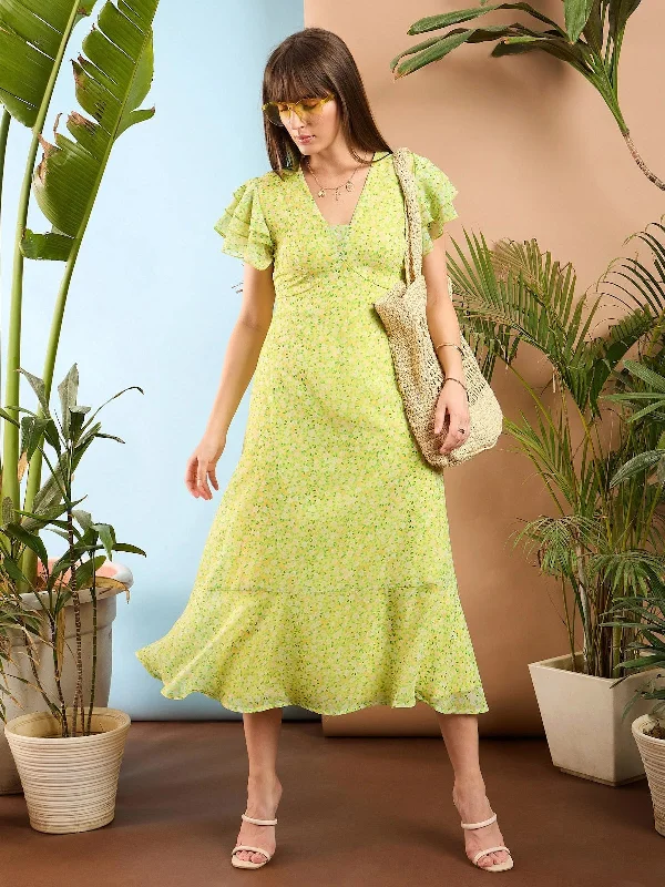 women's high-low dressesWomen Lime Yellow Ditsy Floral Flared Sleeve Midi Dress