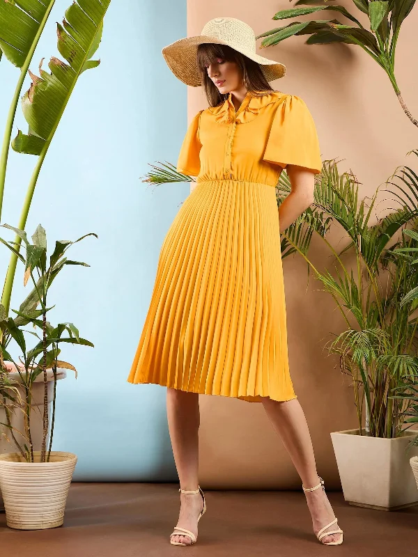 Bohemian DressWomen Mustard Frill Neck Accordion Pleated Midi Dress