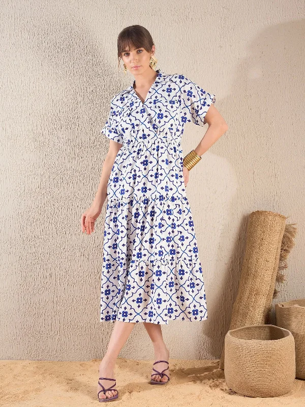 Bell-Sleeve DressWomen Navy Ethnic Print Collar Tiered Midi Dress