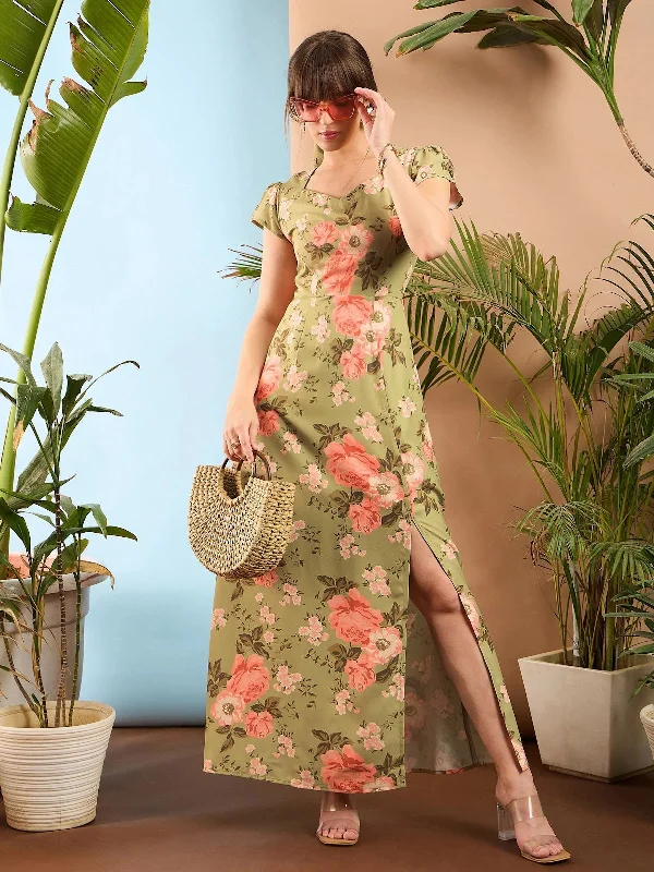 Skater DressWomen Olive Floral Sweet Heart-Neck Midi Dress