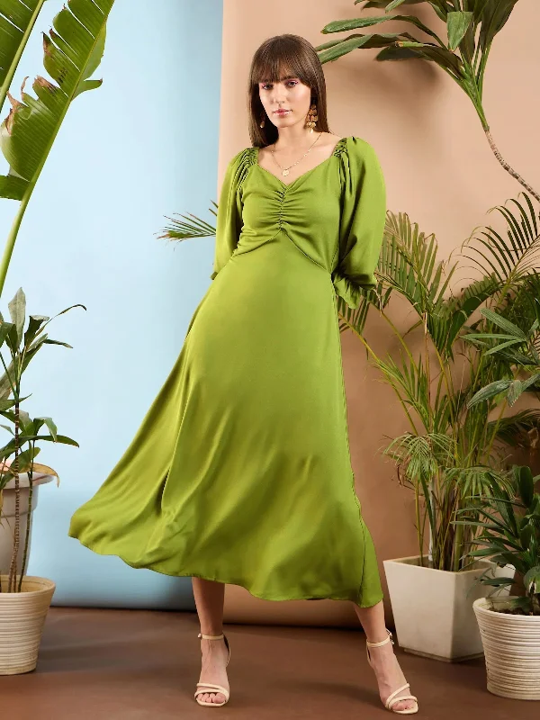 Tall Women DressWomen Olive Front Ruched Back Cut Out Midi Dress