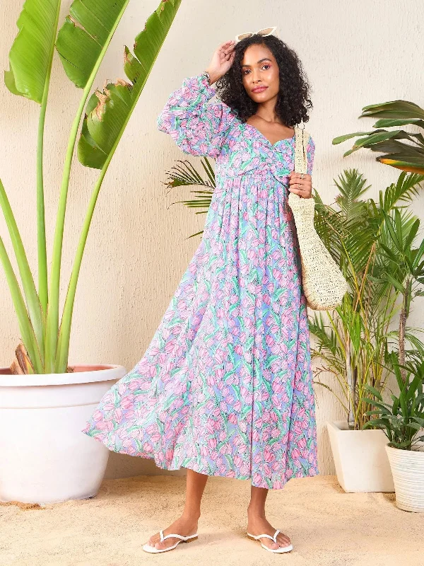 Wedding DressWomen Pink Tulip Print Sweetheart Midi Dress