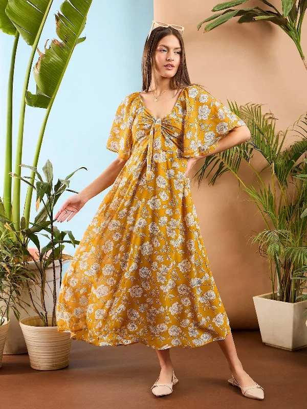 women's curve-hugging dressesWomen Yellow Floral Front Tie Midi Dress