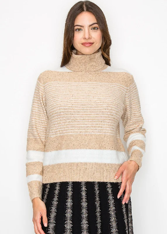 Fitted Oversized Cardigan SweatersBeige Striped Turtleneck Sweater