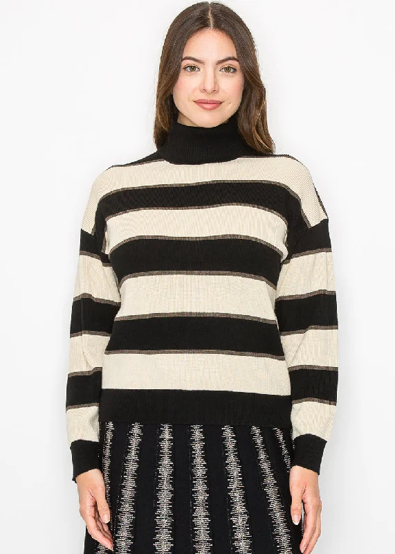 Fitted Cashmere SweatersBlack and Cream Striped Pullover with Turtleneck