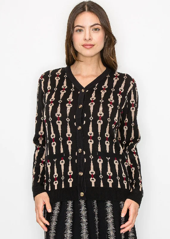 Fitted High-Quality Wool SweatersBlack Cardigan with Bold Geometric Print