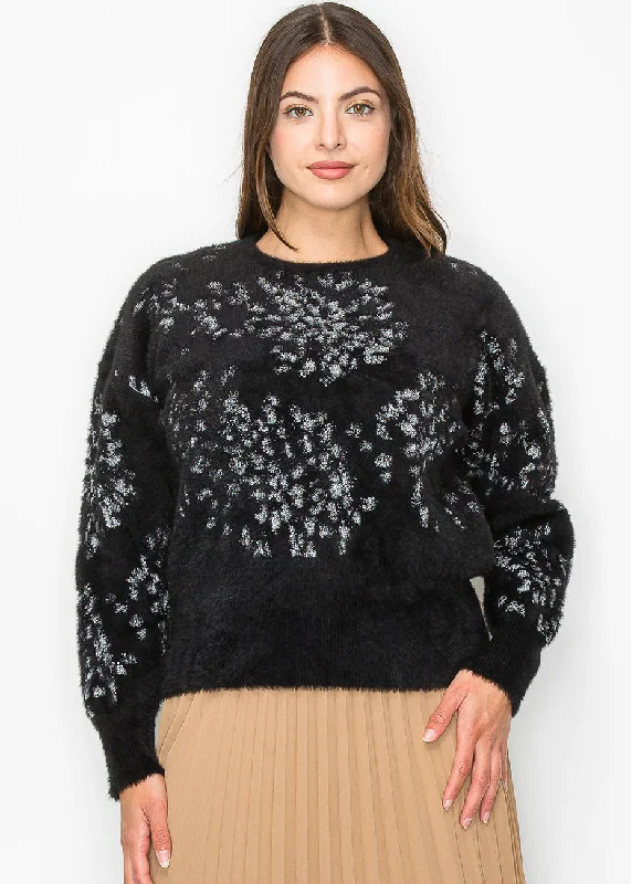 Retro SweatersBlack Fuzzy Sweater with Silver Accents