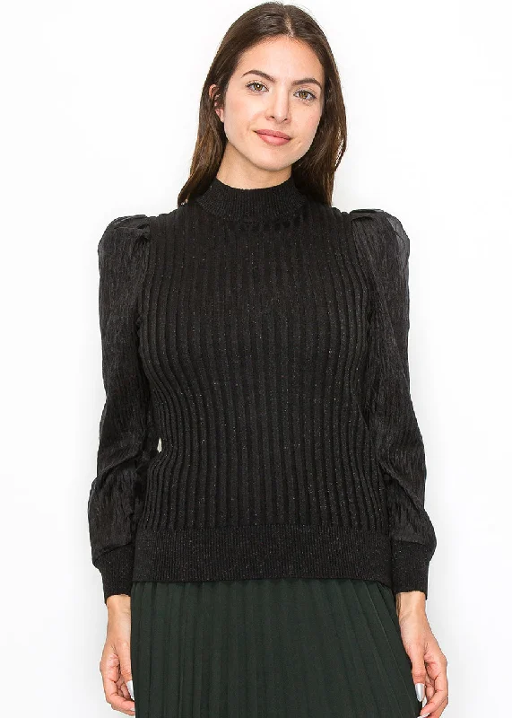 Colorful SweatersBlack Ribbed Sweater with Puff Sleeves