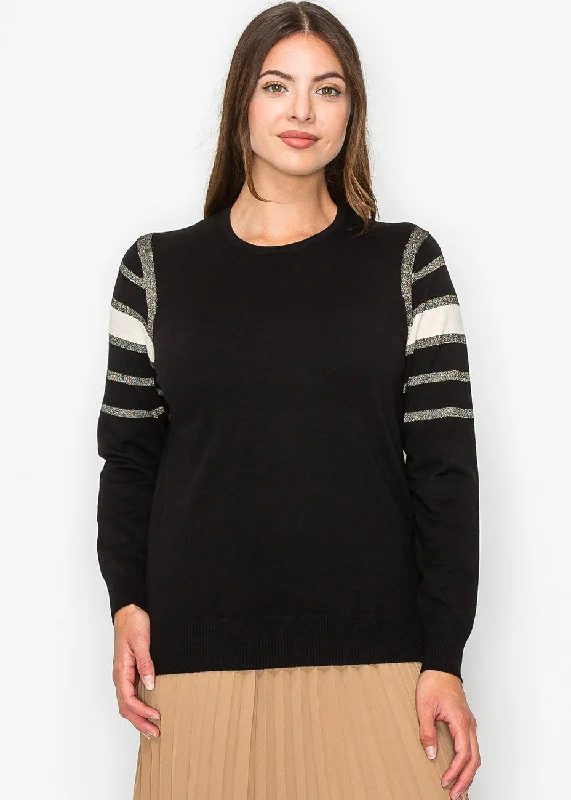 Colorful Casual SweatersBlack Sweater with Metallic Stripe Accents