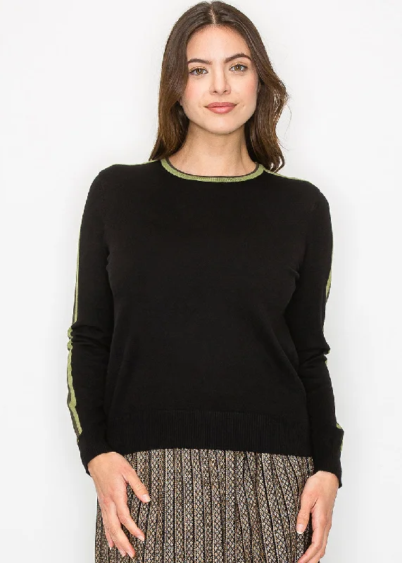 Pullover Chunky SweatersBlack Sweater with Olive Stripe Detail