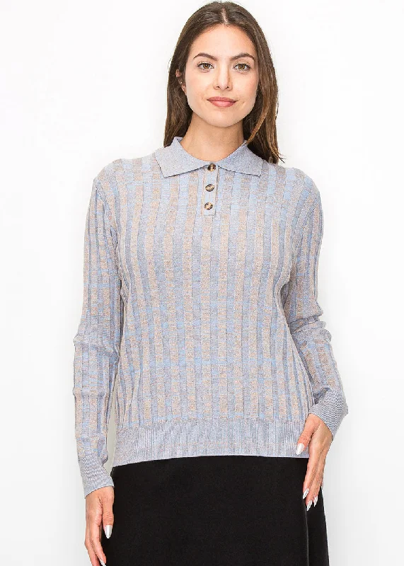 Thick Turtle-Neck Wool SweatersBlue Striped Knit Polo Sweater