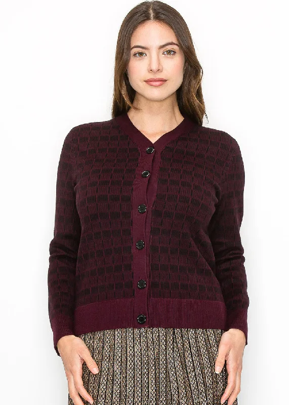 Retro Stylish Flannel SweatersBurgundy and Black Check Knit Cardigan