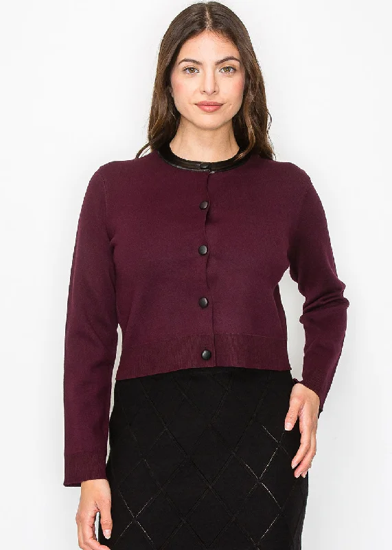 Retro SweatersBurgundy Knit Cardigan with Elegant Collar Accent