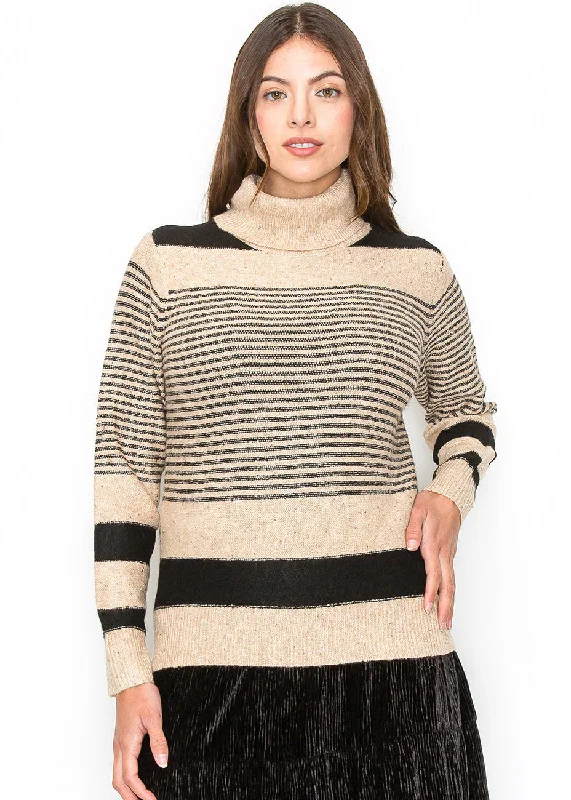 Men's SweatersCamel and Black Striped Turtleneck Sweater