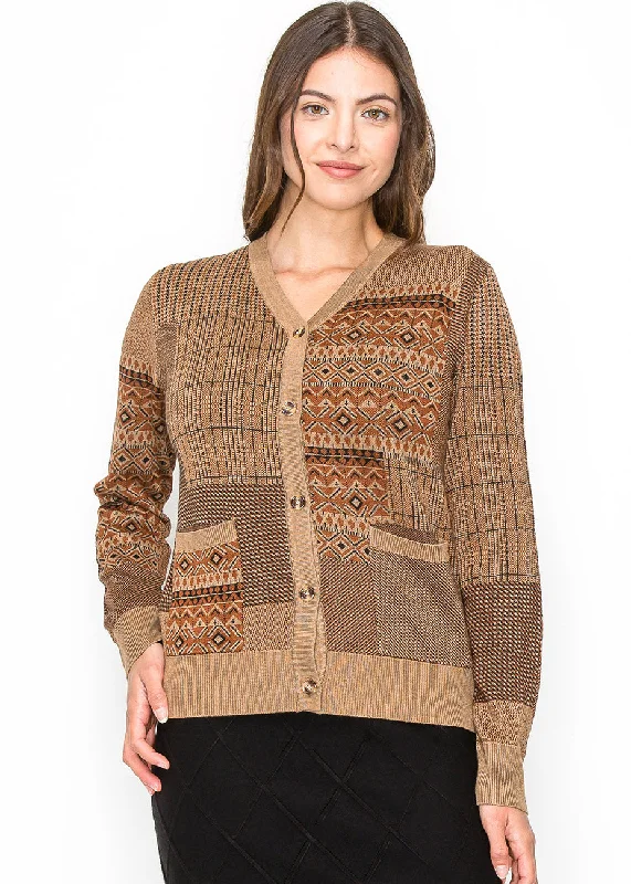 Plus-Size SweatersCamel Patchwork Button Cardigan