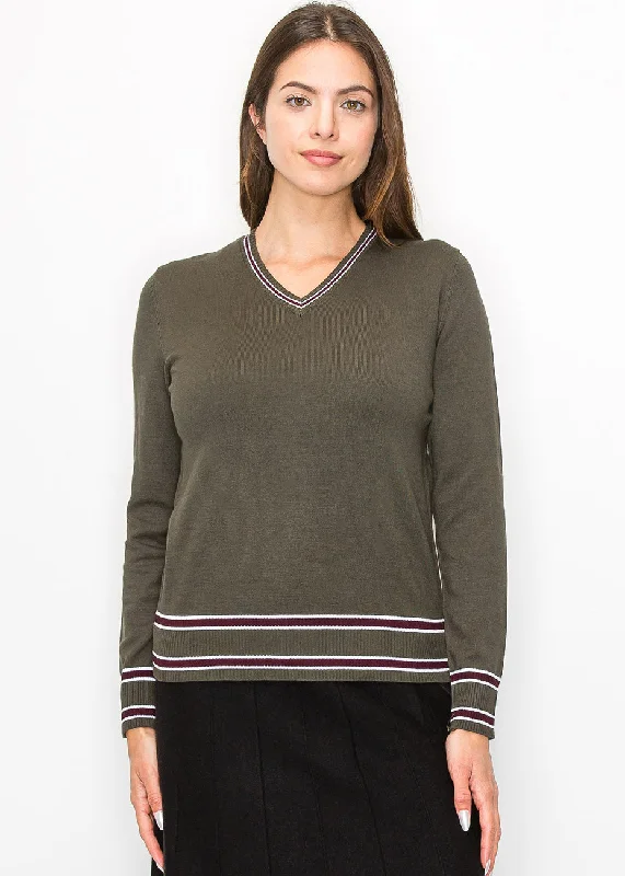 Patterned Cashmere SweatersCasual Olive V-Neck Sweater