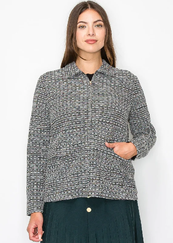 Flannel SweatersCollared Knit Jacket with Geometric Pattern