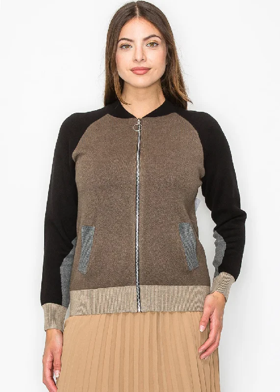 Discounted SweatersColor-Block Taupe Knit Jacket