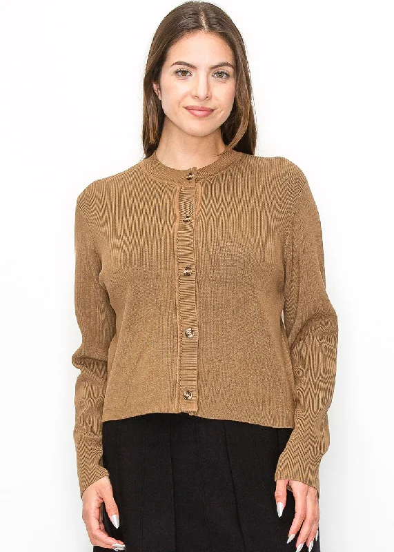 Dressy SweatersElegant Ribbed Camel Cardigan