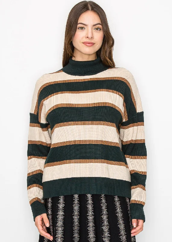 Funky SweatersForest Green Striped Turtleneck Sweater