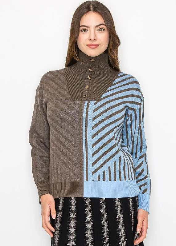 Cozy Embellished SweatersGeometric Color-Block Turtleneck Sweater