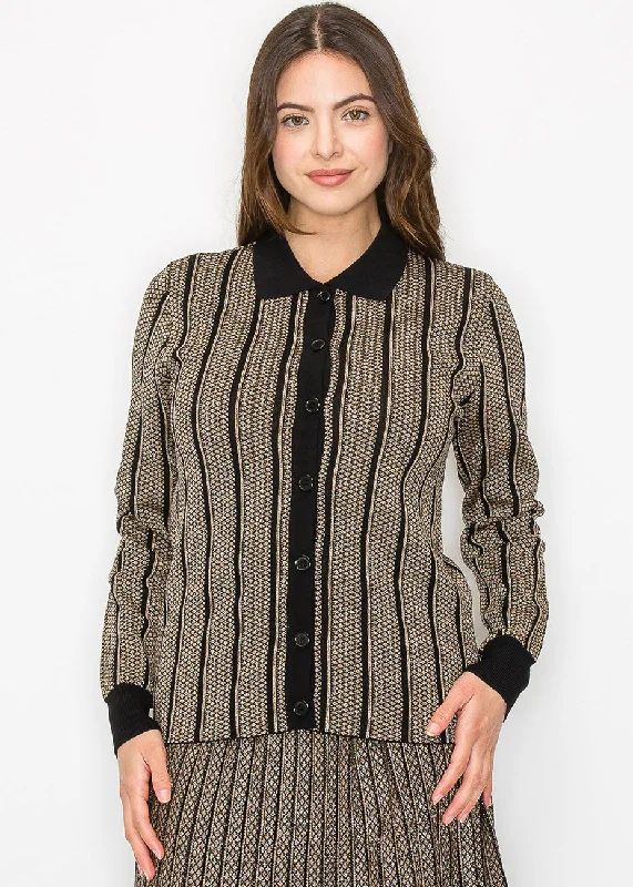 Extra-Large Flannel-Lined SweatersGold Stripe Button-Down Knit Top