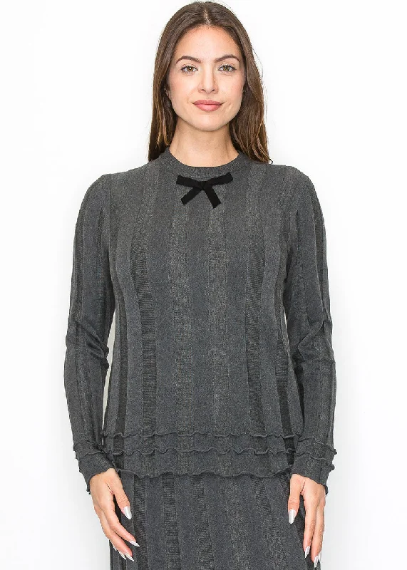 Pullover SweatersGrey Ribbed Knit Top with Bow Detail