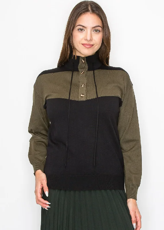 Stylish Trendy Pullover SweatersHigh-Neck Olive Panel Sweater