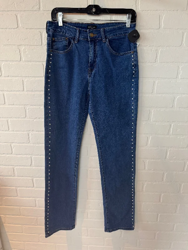 women's denim jeans with leather patchesJeans Straight By Bebe In Blue Denim, Size: 8