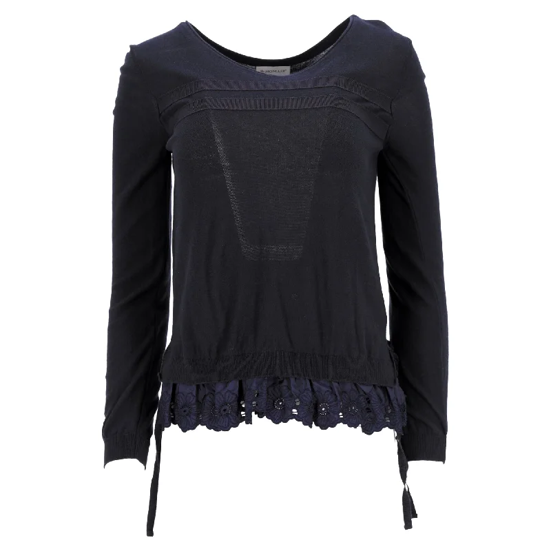 Women's SweatersMoncler Floral Lace Trim Round Neck Sweater in Navy Blue Wool