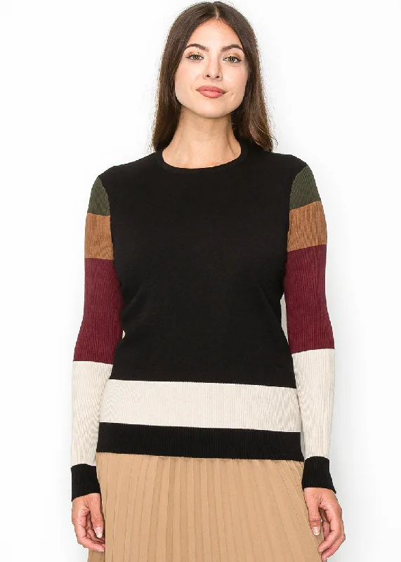 Retro Stylish Flannel SweatersMulticolor Sleeve Crewneck Top