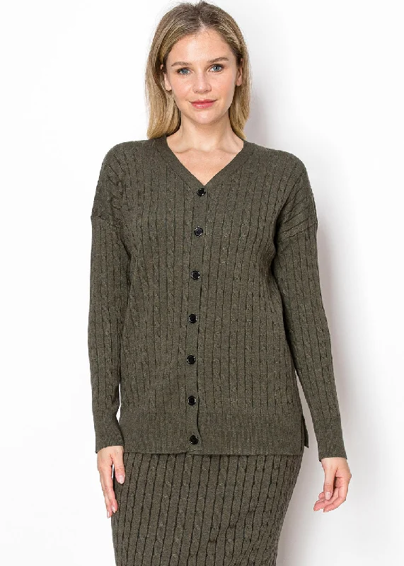 Soft SweatersOlive Cable Knit Button-Down Cardigan