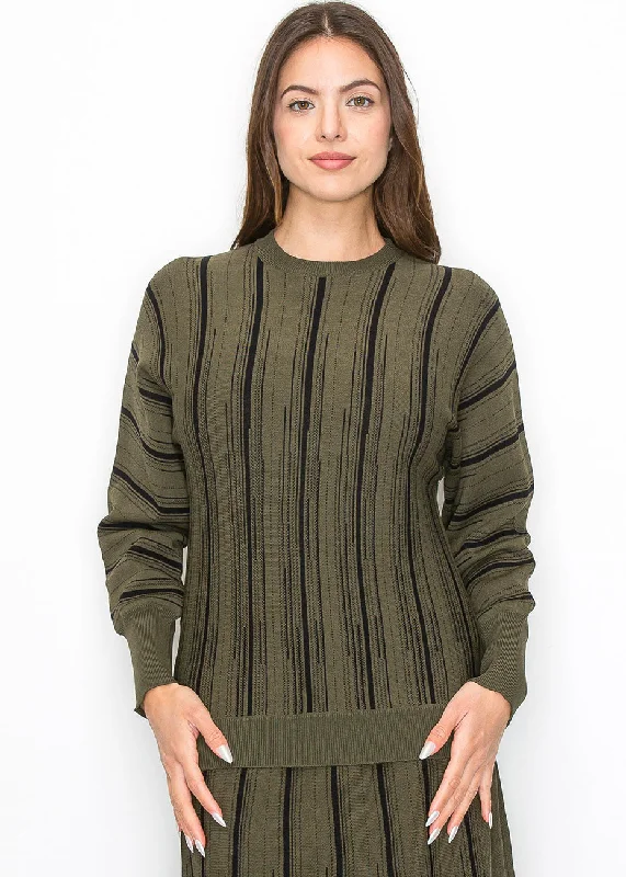 Women's SweatersOlive Knit Sweater with Vertical Stripes