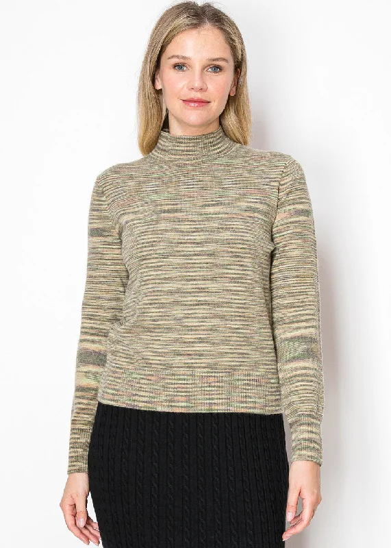 Fitted High-Quality Wool SweatersOlive Striped Mock Turtleneck Sweater