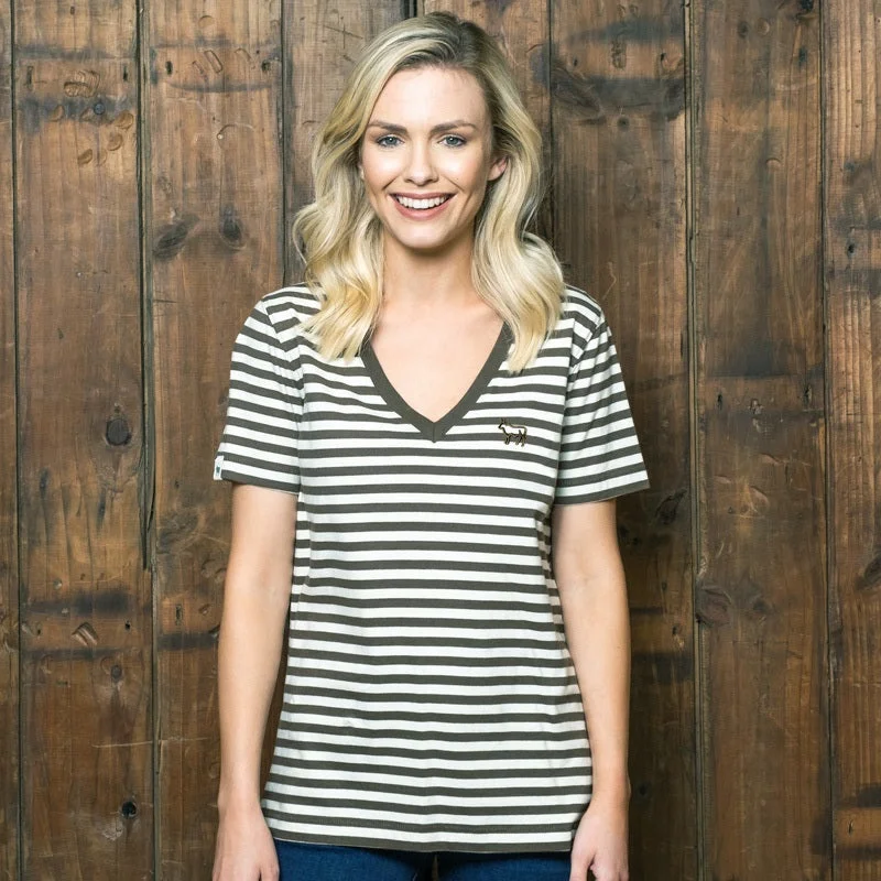 women's tops with built-in brasOutline Nguni Stripe V-Neck Shabby Tee Fatigue