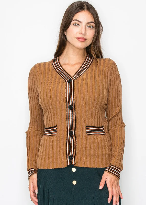 Trendy Pullover SweatersRibbed Camel Cardigan with Striped Details